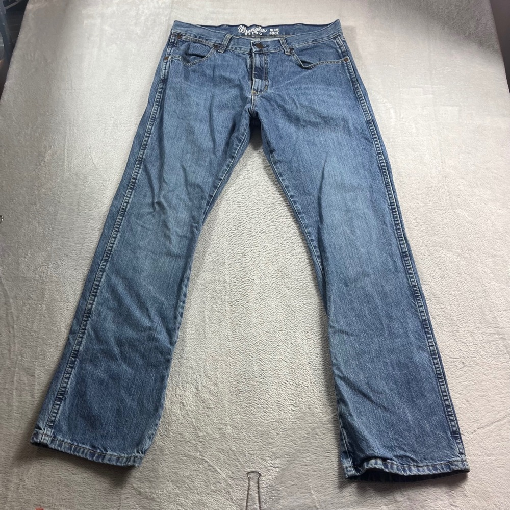 Wrangler Retro Slim Boot Jeans Mens 34x32 Blue Denim 1077MWZWO